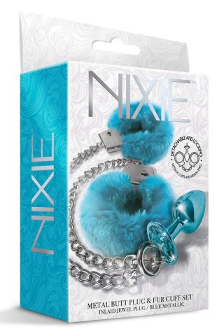 NIXIE METAL BUTT PLUG & FURRY HANDCUFF SET, MEDIUM,Â BLUE METALLIC