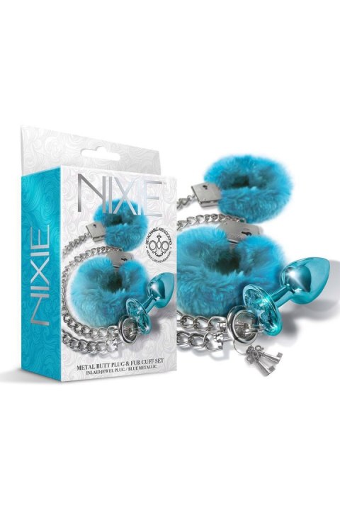 NIXIE METAL BUTT PLUG & FURRY HANDCUFF SET, MEDIUM, BLUE METALLIC NIXIE METAL BUTT PLUG & FURRY HANDCUFF SET, MEDIUM, BLUE METALLIC
