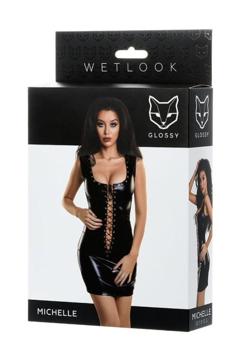 Glossy Shiny Wetlook dress with a lace MICHELLE - black L Glossy Shiny Wetlook dress with a lace MICHELLE - black L
