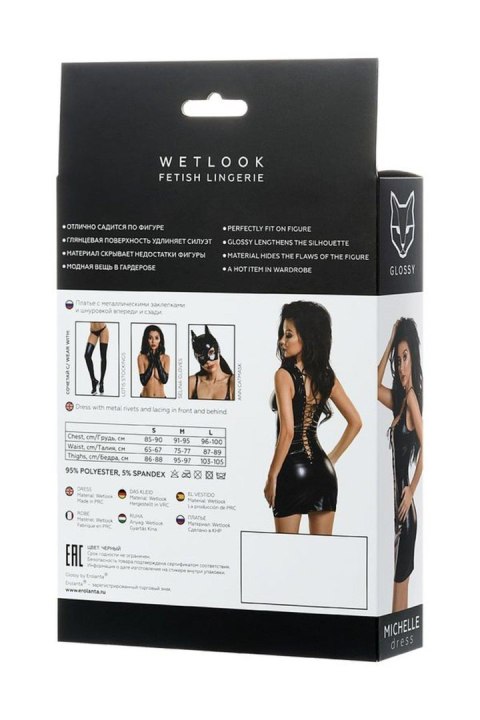 Glossy Shiny Wetlook dress with a lace MICHELLE - black L Glossy Shiny Wetlook dress with a lace MICHELLE - black L