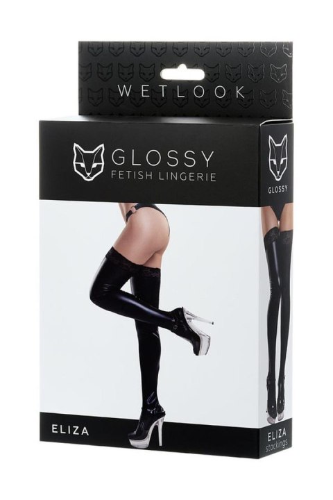 Glossy Shiny Wetlook stockings with a lace ELIZA - black S Glossy Shiny Wetlook stockings with a lace ELIZA - black S